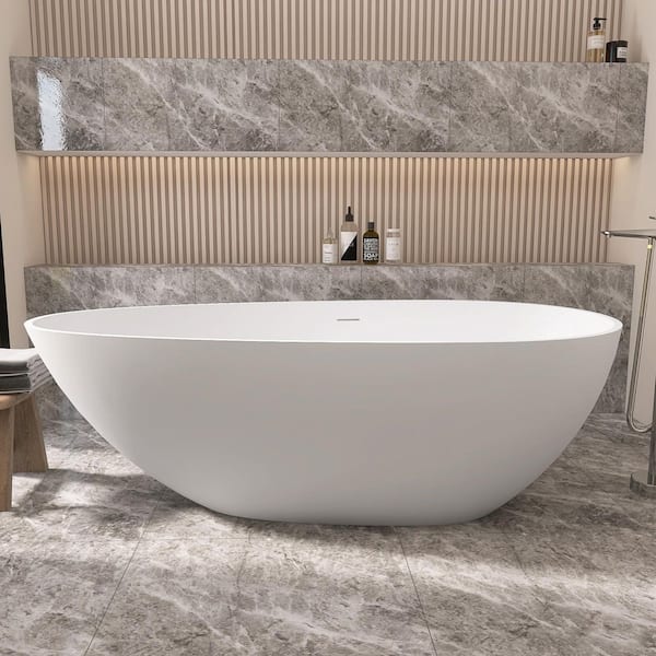 Dszt 59 in. x 30.75 in. Solid Surface Stone Resin Freestanding Soaking Bathtub with Center Drain in Matte White