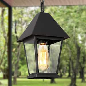Modern Farmhouse Black Metal Outdoor Hanging Lights, 1-Light Classic Outdoor Pendant Light with Seeded Glass Shade