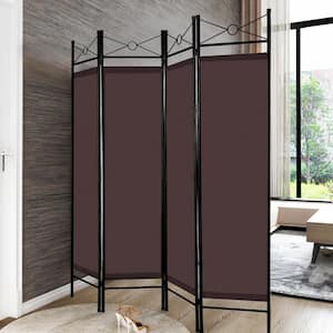 71 in. Brown 4-Panel Room Divider Privacy Screen with Metal Frame