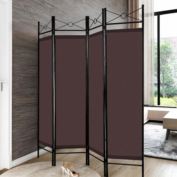 Costway 71 in. Brown 4-Panel Room Divider Privacy Screen with Metal Frame