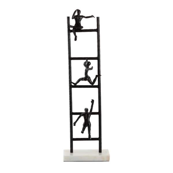 Litton Lane Tall Black Metal Ladder Climber Sculpture With Light Marble Rectangular Base, 8 in. x 26 in.