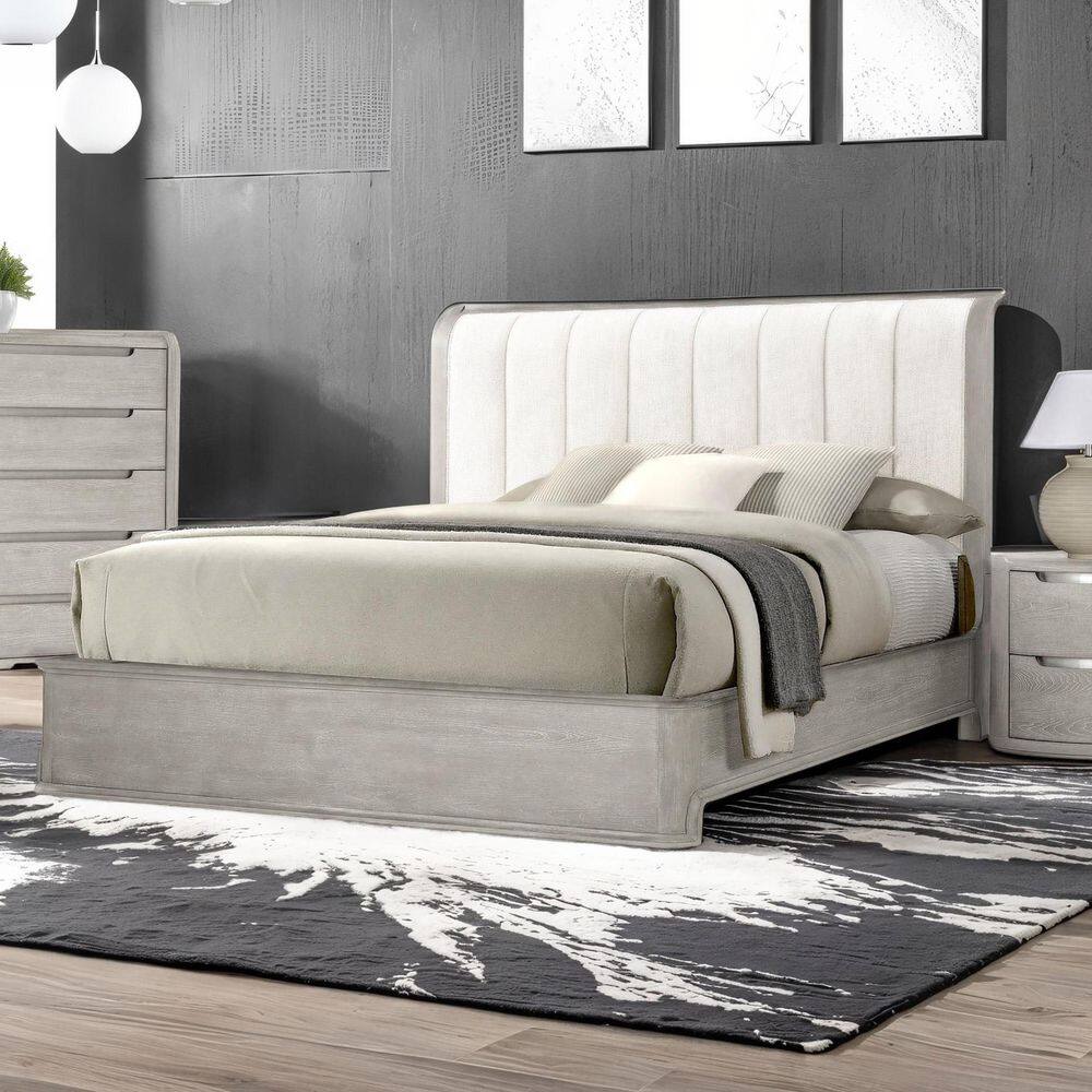 Wilter Light Gray Wood Frame Queen Panel Bed with Padded Curved Edge Headboard