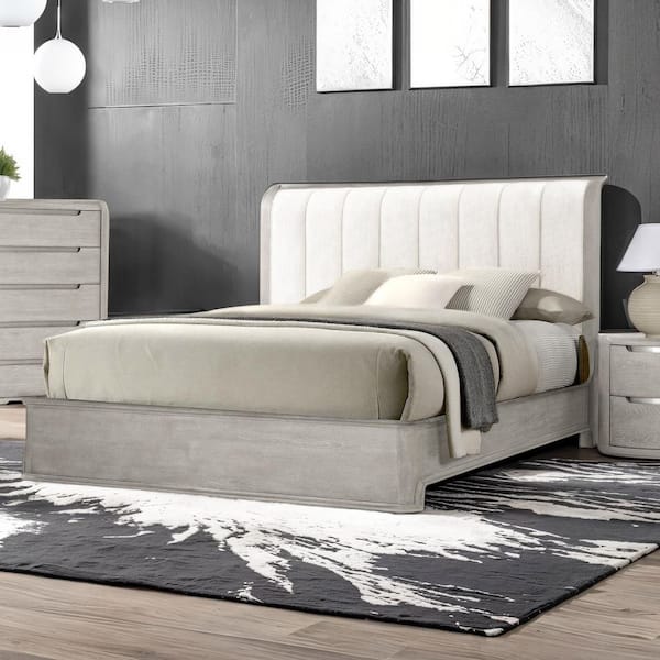 Wilter Light Gray Wood Frame Queen Panel Bed with Padded Curved Edge Headboard