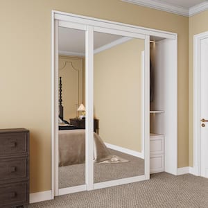 72 in. x 80 in. Solid Core 1-Lite Mirror White Primed MDF Interior Closet Sliding Door with Hardware