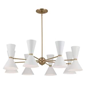 Phix 48.75 in. 16-Light Champagne Bronze and White Mid-Century Modern Shaded Chandelier for Dining Room
