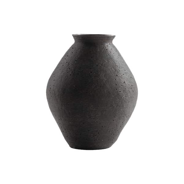 Benjara Brown Round Polyresin Vase with Wavy Ribbed Spiral Texture
