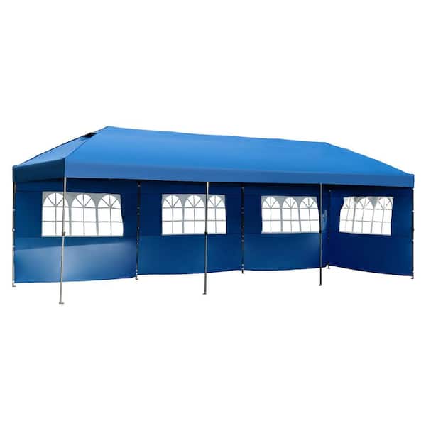10 ft. x 30 ft. Outdoor Blue Mental Heavy Duty Gazebo Pop Up Canopy with Sidewalls and Wheeled Bag for Wedding Party