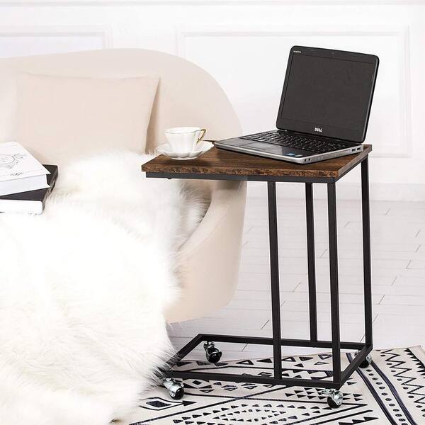 dreamlify Rustic Brown 20.4 L x 13.7 W in. C-Shaped End Table Snack Side Table with Detachable Wheels for Sofa Couch and Bed