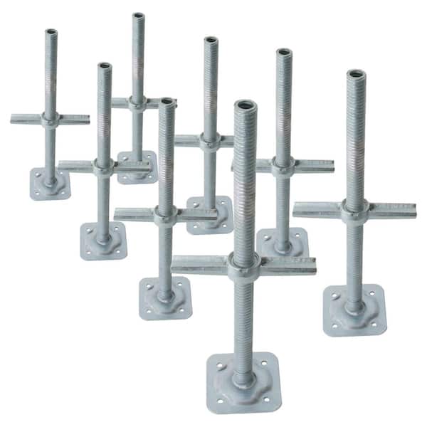 24-inch Galvanized Steel Adjustable Leveling Jacks with Heavy-Duty Base Plate and Wing Nut Screw for Scaffolds, 8-Pack