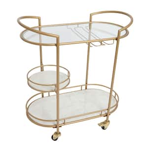 Gold and White 3-Tier Rolling Cart with Tubular Metal Frame and Marble Shelves