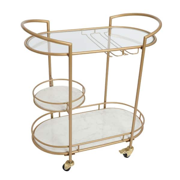 THE URBAN PORT Gold and White 3-Tier Rolling Cart with Tubular Metal Frame and Marble Shelves