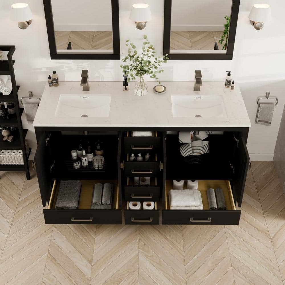 Espresso Double Sink Bathroom Vanity with Carrara Quartz Top