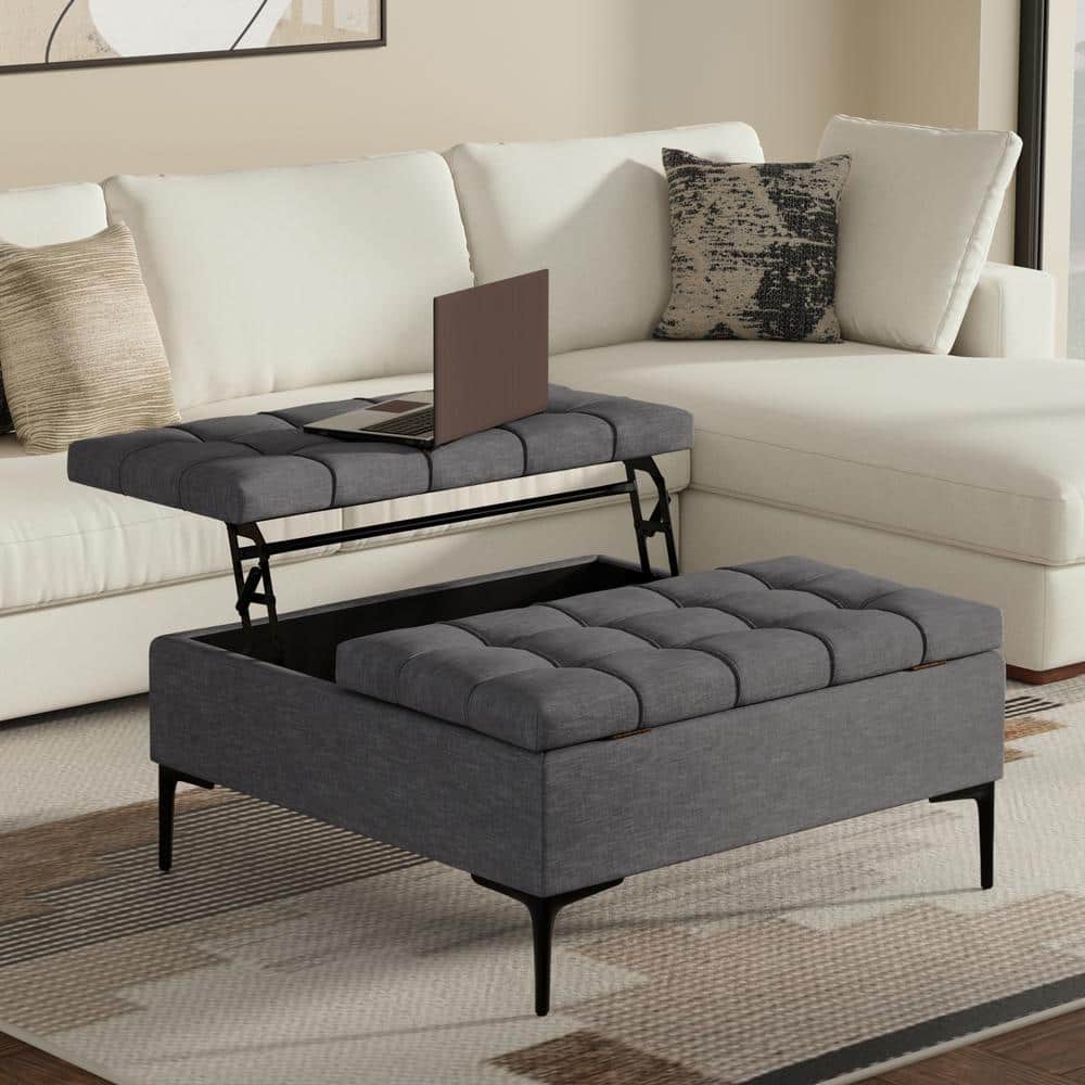 Slate Grey Tufted Lift-Top Storage Cocktail Ottoman