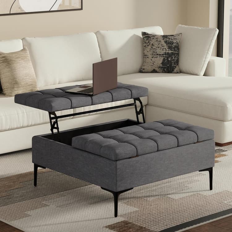 Simpli Home Laura 36 in. Wide Transitional Square Mid&nbsp;Century&nbsp;Lift Top Storage Ottoman in Slate Grey Polyester Linen, Assembled