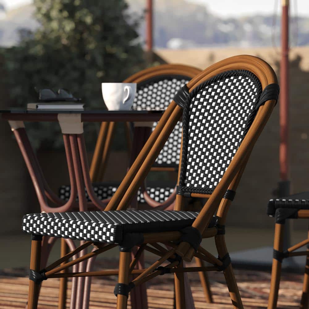 Black and White PE Rattan Armless Bistro Chairs with Bamboo Print Frame, Set of 2