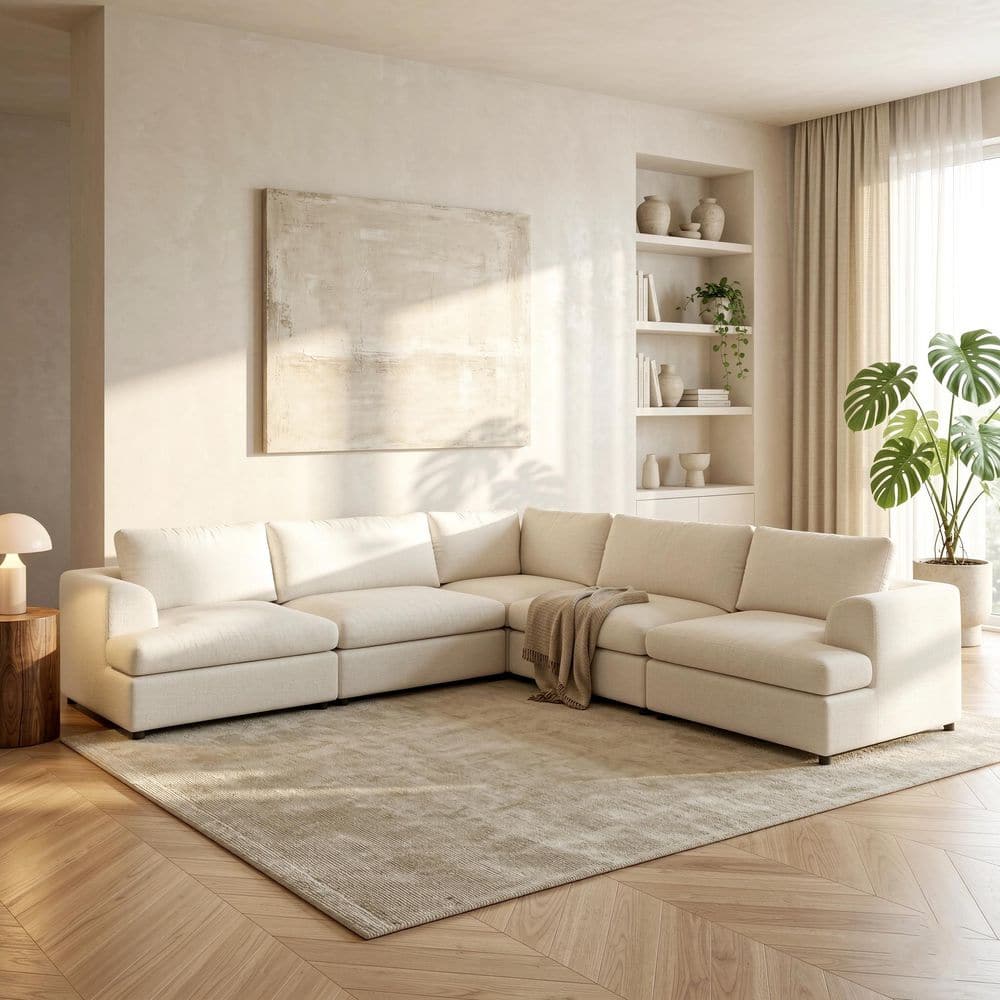 118 in. Flared Arm Boucle Fabric Modular Sofa Oversized V-shaped Cloud Couch with Machine Detachable Covers in Beige