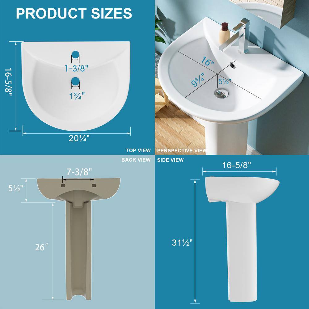 White Ceramic Gloss Pedestal Bathroom Sink with Overflow Drain