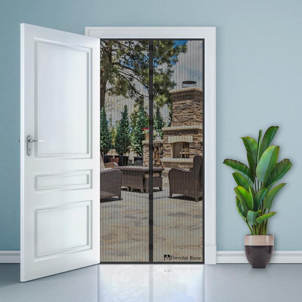 Black Mesh Magnetic Screen Door Curtains with Automatic Close, 38 x 80 in.