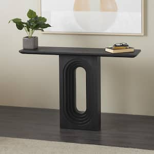 32 in. x 47 in. Black Rectangle Wooden Console Table with Oval Carved Pedestal Base