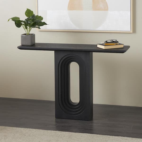 Litton Lane 32 in. x 47 in. Black Rectangle Wooden Console Table with Oval Carved Pedestal Base