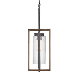 Palermo Grove 8 in. 1-Light Gilded Iron Farmhouse Hanging Outdoor Lantern with Walnut Wood Accents