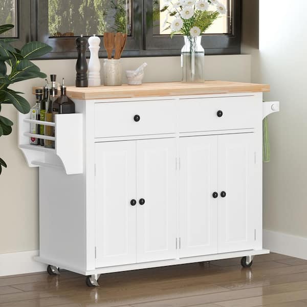 FAMYYT Rolling White Rubberwood Top 44 in. Kitchen Island with Drawers and Adjustable Shelves
