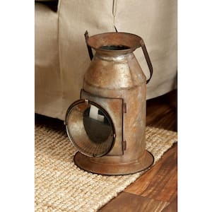 19 in. H Gray Metal Decorative Candle Lantern with Handle