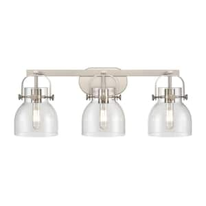 Pilaster II Bell 26.5 in. 3-Light Satin Nickel Vanity Light with Glass Shade