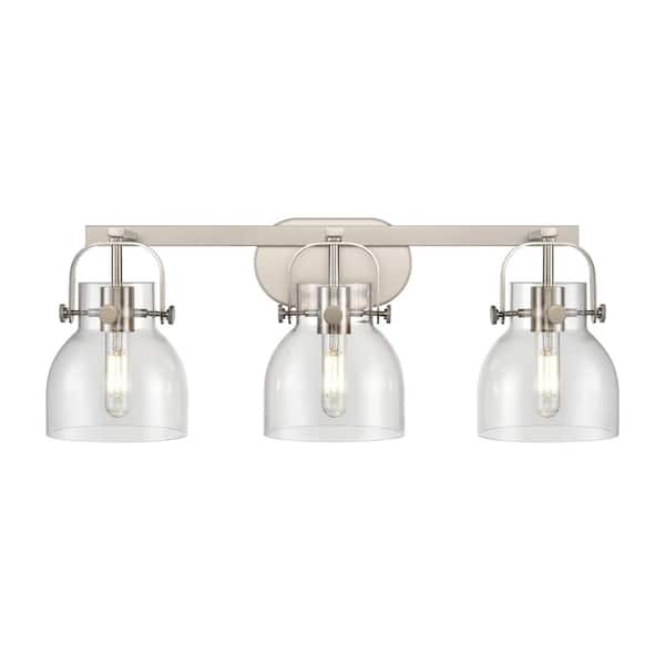Innovations Pilaster II Bell 26.5 in. 3-Light Satin Nickel Vanity Light with Glass Shade