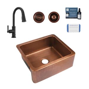 Lange 25 in. Farmhouse Apron Front Undermount Single Bowl 16-Gauge Antique Copper Kitchen Sink with Bronze Faucet Kit