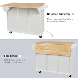 White Foldable Rubber Wood Drop-Leaf Countertop 53.1 in. W Kitchen Island on Wheels with Storage Cabinet