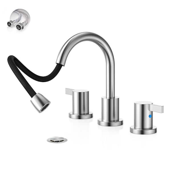 Kadilac Pull Down Sprayer Brushed Nickel 8 in. Bathroom Sink Faucet, 2 Handles 3 Hole Widespread Pull Out Bathroom Faucet