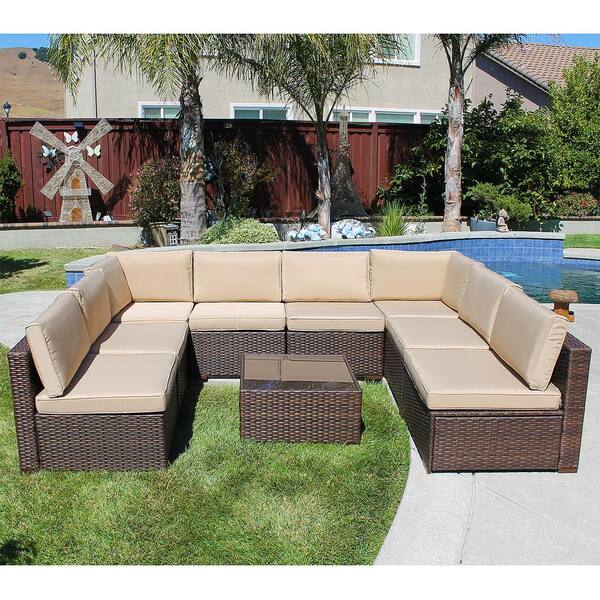 Corner Sofa Chair Beige Cushions All Weather Brown Wicker Rattan Sectional Sofa Set with Armless Sofa Chair Patiorama 2 Pieces Outdoor Patio Furniture Set 