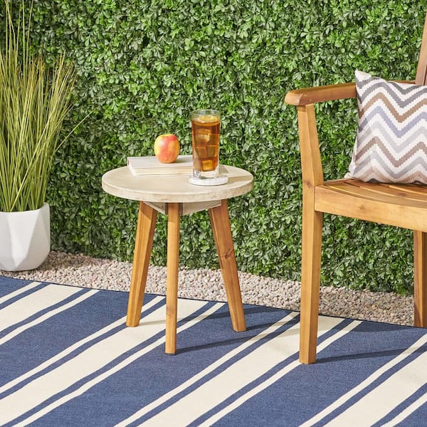 Unbranded Round Acacia Wood Outdoor Side Table, Accent Patio Side Tables, Indoor and Outdoor End Table, Light Gray
