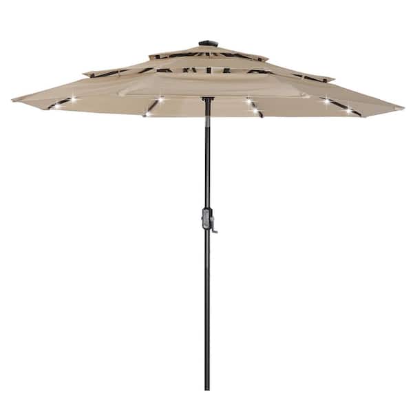 Jushua 3 Tiers Outdoor Beige Patio Umbrella with LED Lights, Push Button Tilt and Crank