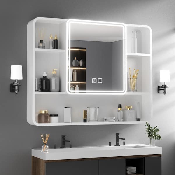 35 in. W x 28 in. H Rectangular Aluminum Defogging LED Light Medicine Cabinet with Mirror and Hair Dryer Holder