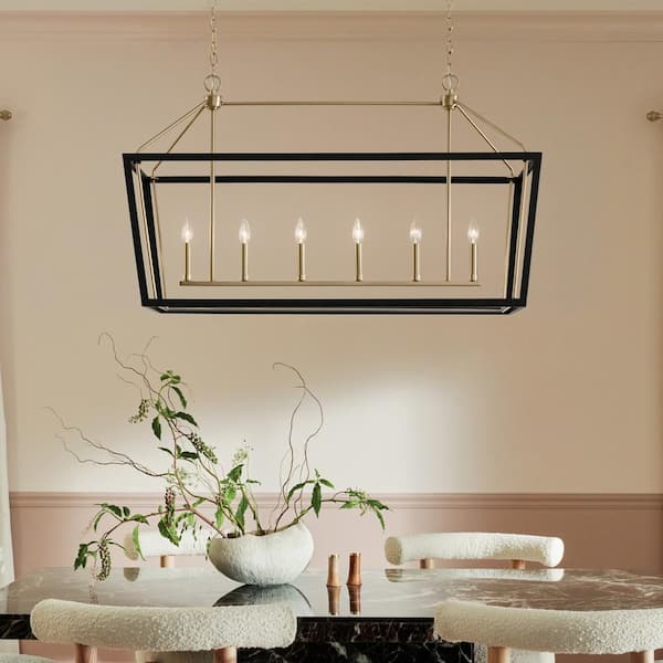 Delvin 44.25 in. 6-Light Champagne Bronze and Black Traditional Shaded Linear Chandelier for Dining Room