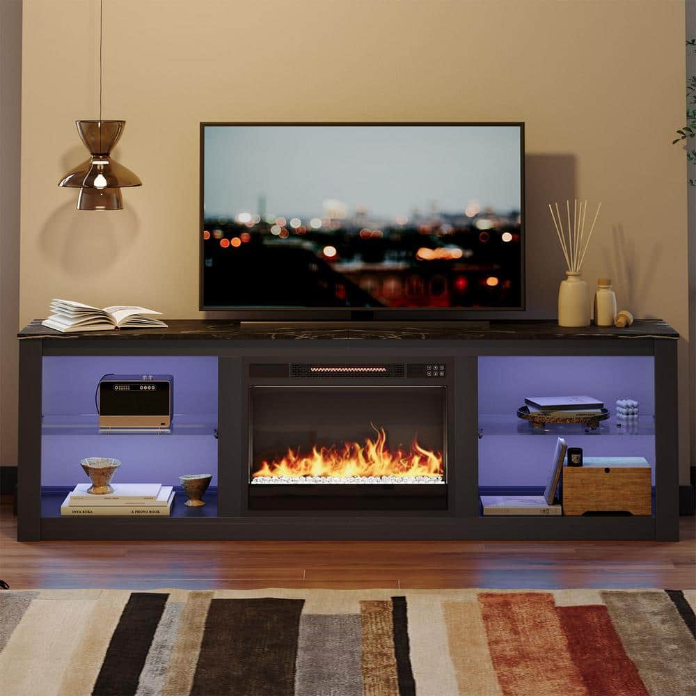 Black Modern Electric Fireplace TV Stand with LED Lights and Cabinet