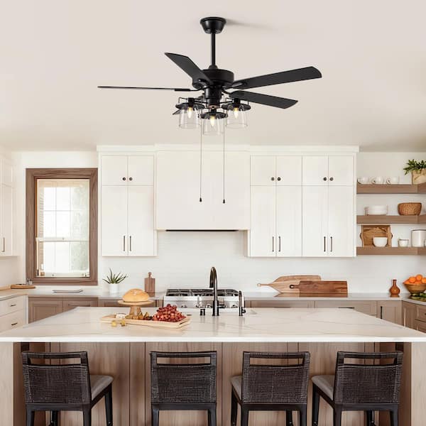 52 in. Indoor Matte Black Downrod Mount Traditional Pull-Chain Standard Ceiling Fan with 3-Light (Bulbs not included)