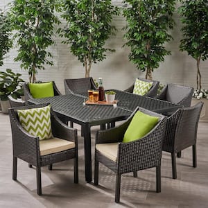 Barnwell 29 in. Matte Black 9-Piece Aluminum Square Outdoor Dining Set with Beige Cushions