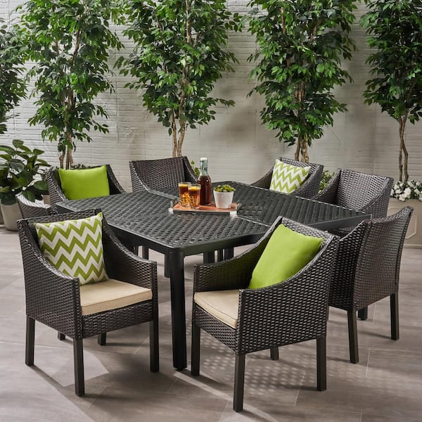 Noble House Barnwell 29 in. Matte Black 9-Piece Aluminum Square Outdoor Dining Set with Beige Cushions