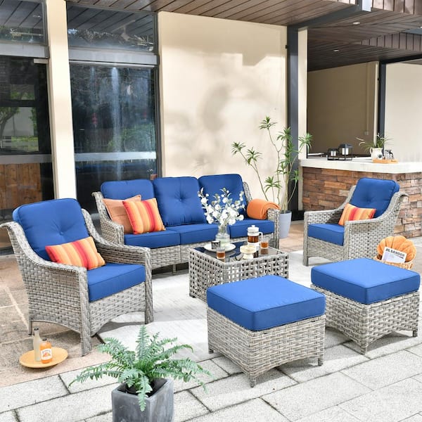 HOOOWOOO Verona Grey 6-Piece Wicker Modern Outdoor Patio Conversation Sofa Seating Set with Navy Blue Cushions