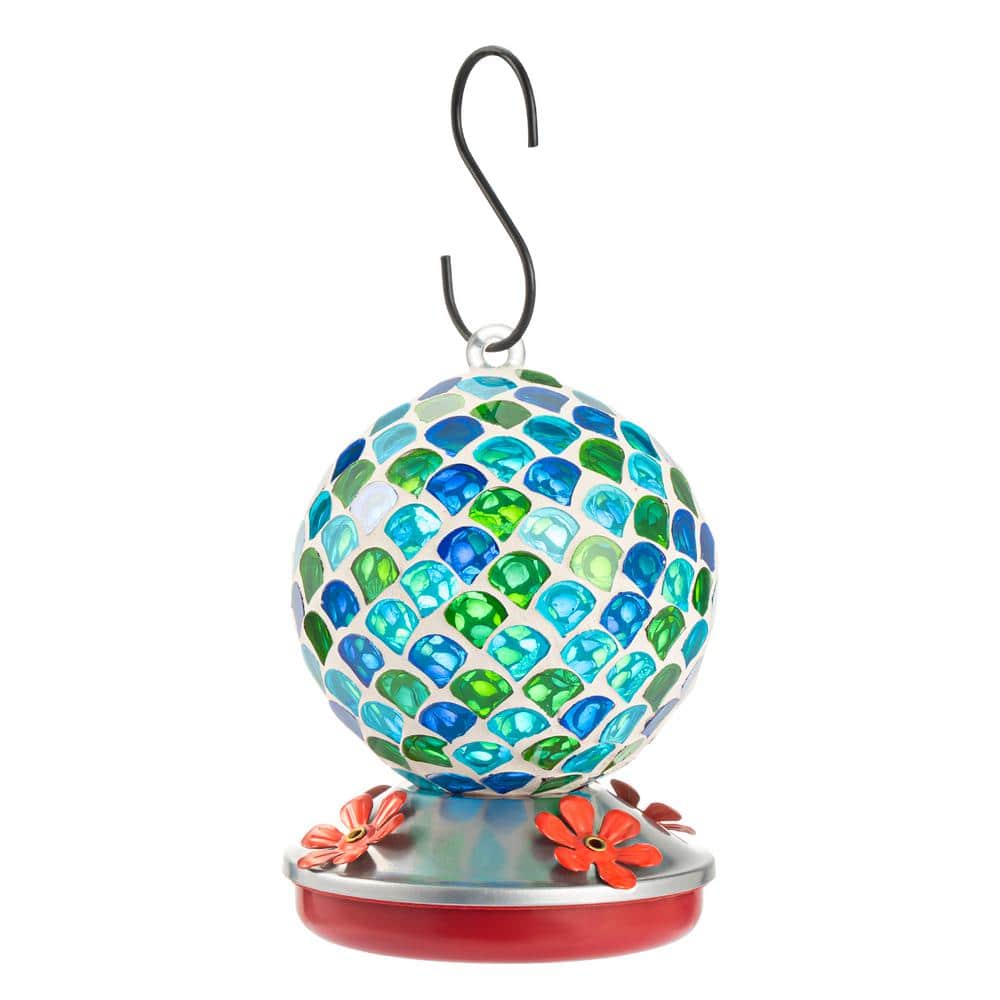 Hand-Blown Glass Hanging Hummingbird Feeder with Metal Hanger