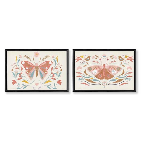 Stupell Industries Folk Butterflies and Florals by Kim Allen 2-Pieces Black Floater Frame Animal Graphic Art Print 17 in. x 25 in.