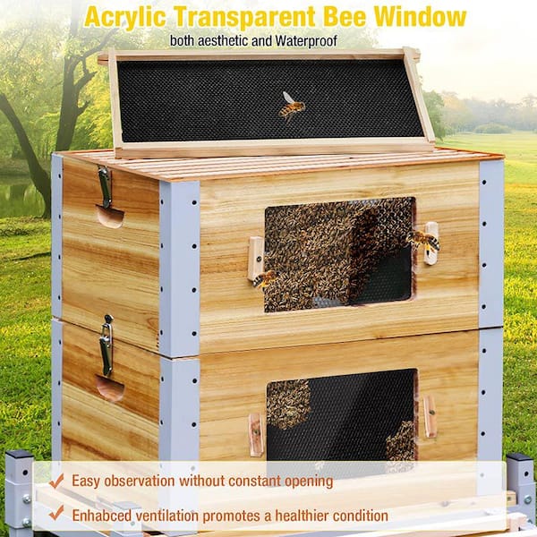 aivituvin Large Wooden Bee Box with Metal Frame, Beeswax Coating