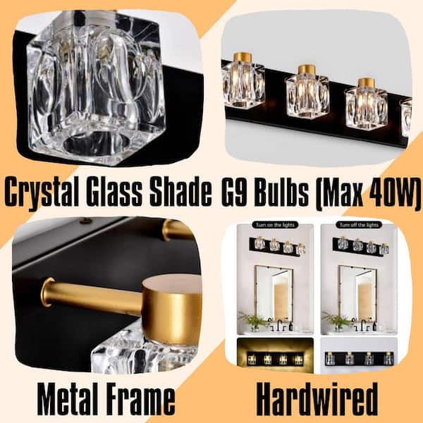 23.62 in. 4-Light Matte Black + Gold Vanity Light with Crystal Glass Shade, Easy Installation, G9 Bulbs (Max 40W)