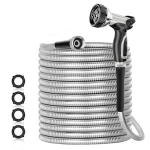 Fitting Size 0.38 in. x 50 ft. 304 Stainless Steel Garden Hose - Durable and Flexible Water Hose with Upgraded Nozzle