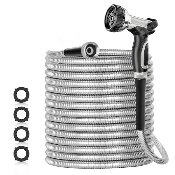 HOTEBIKE Fitting Size 0.38 in. x 50 ft. 304 Stainless Steel Garden Hose - Durable and Flexible Water Hose with Upgraded Nozzle