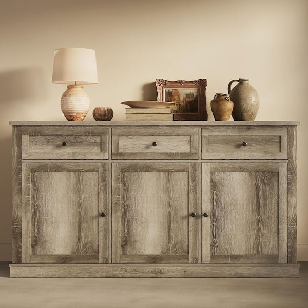 Weathered Oak Finish Wood 65 in. Storage Sideboard Cabinet 3-Doors and Drawers Buffet for Kitchen Dining Room Restaurant