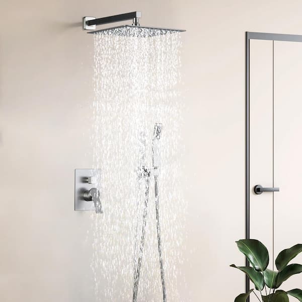 Single Handle 2-Spray Wall Mount 12 in. Square Shower Head with Hand Shower Faucet in Brushed Nickel (Valve Included)